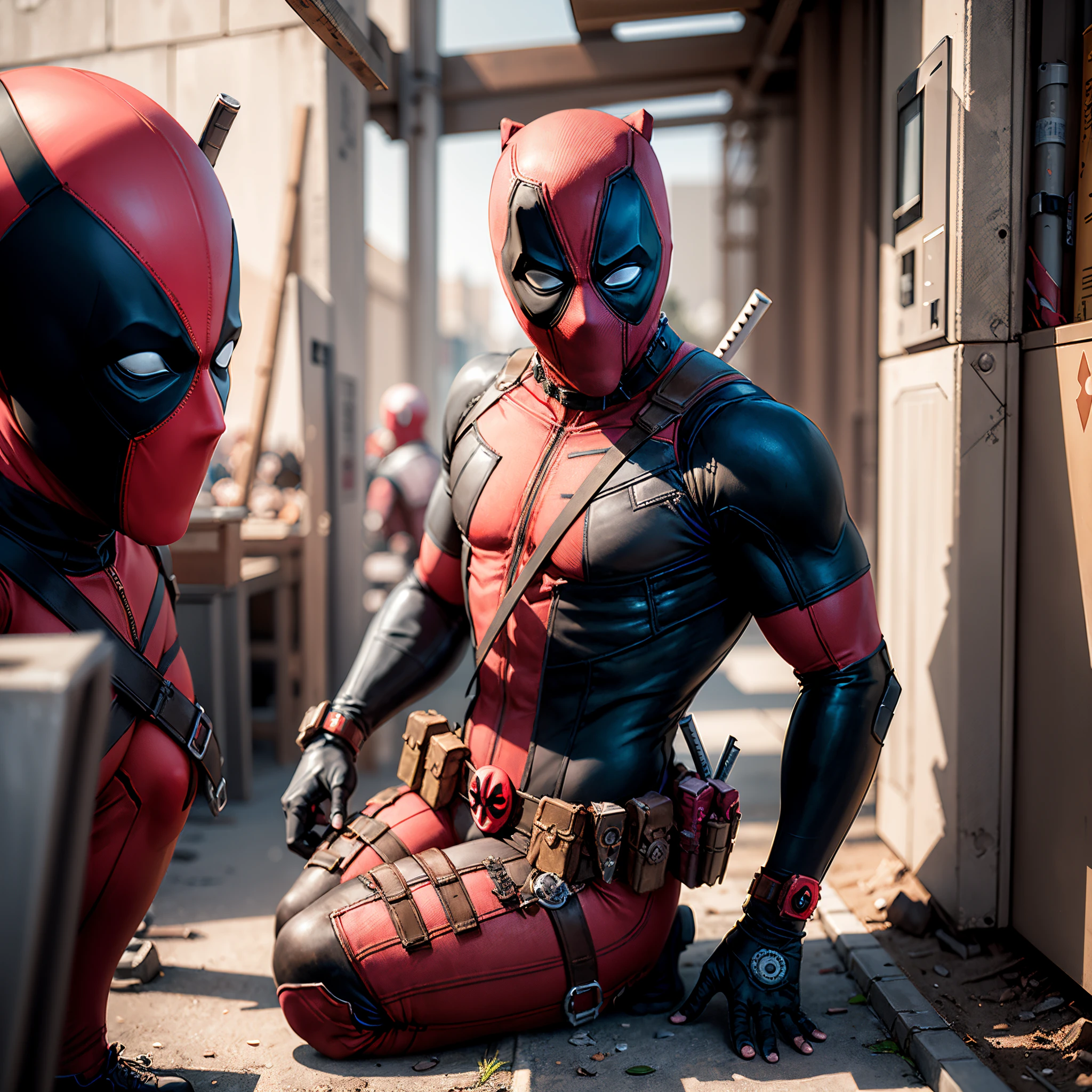 (Best quality, 8k, 32k, Masterpiece, UHD:1.2) "Transform the setting into the climactic final battle scene from a Deadpool and Wolverine confrontation. Imagine a gritty, war-torn battlefield with debris scattered around, flames flickering amidst the chaos, and the sky darkened by smoke. The environment is raw and intense, with shattered concrete, twisted metal, and remnants of previous skirmishes. Deadpool and Wolverine stand amidst the wreckage, locked in a fierce and brutal fight. Wolverine, with his claws extended, is poised for attack, his feral aggression palpable. Deadpool, ever the chaotic force, is ready to counter, his eyes gleaming with mischief and determination. The air is thick with tension, as the two formidable characters clash in a fight that showcases their unique powers and relentless will to survive. The scene captures the gritty, violent essence of their final confrontation, set against a backdrop of destruction and impending doom."