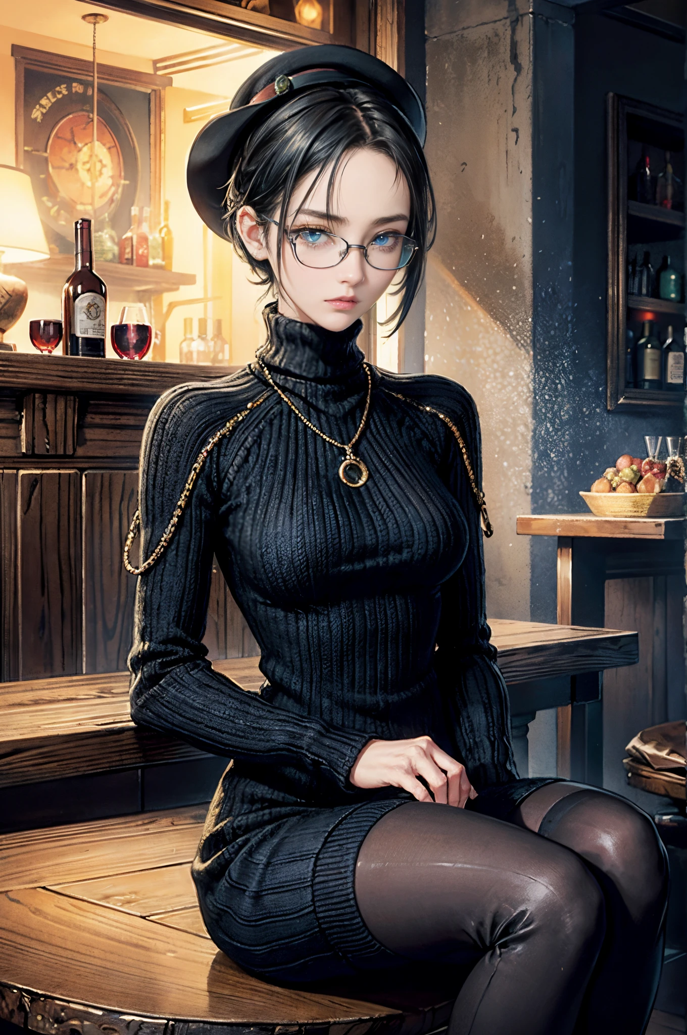 Cinematic lighting、highlydetailed skin、masutepiece,1girl in, Best Quality,cyberpunked,(Alternative、dim colors, Soothing tones:1.3),(Beautuful Women、Detailed beautiful facial features、Short black hair、blue eyess、eye glass、slenderbody:1.3)(eye glass:1.5)BREAK、Chunky Knit Sweater Dress
A knee-length sweater dress in warm,
earthy tones like rust or mustard,
Chunky knit texture for a cozy feel,
Pair with knee-high boots and a wide-brimmed hat for a chic look,(iron table)(sit a chair、liqueur drink on hand:1.3)Midnight(natta、Inside the bar:1.5)