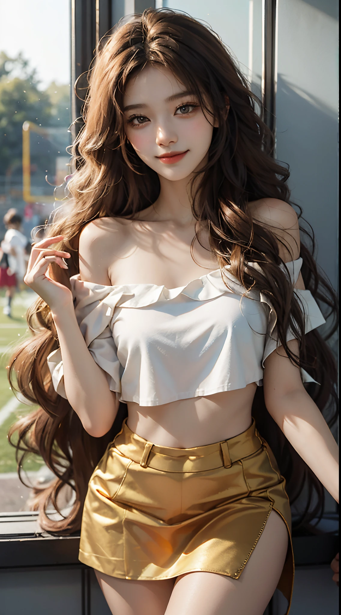 best qualtiy,tmasterpiece,超高分辨率,(fidelity:1.4),RAW photogr,20-year-old sexy model, Long messy hair,Smiled shyly, curlies, golden hair, Campus style, off shoulder one shoulder shirt, short skirt, On the football field, posing elegantly, posed for photo, Random shooting angle, Surprising detail,The is very detailed, Smooth skin, a warm color palette