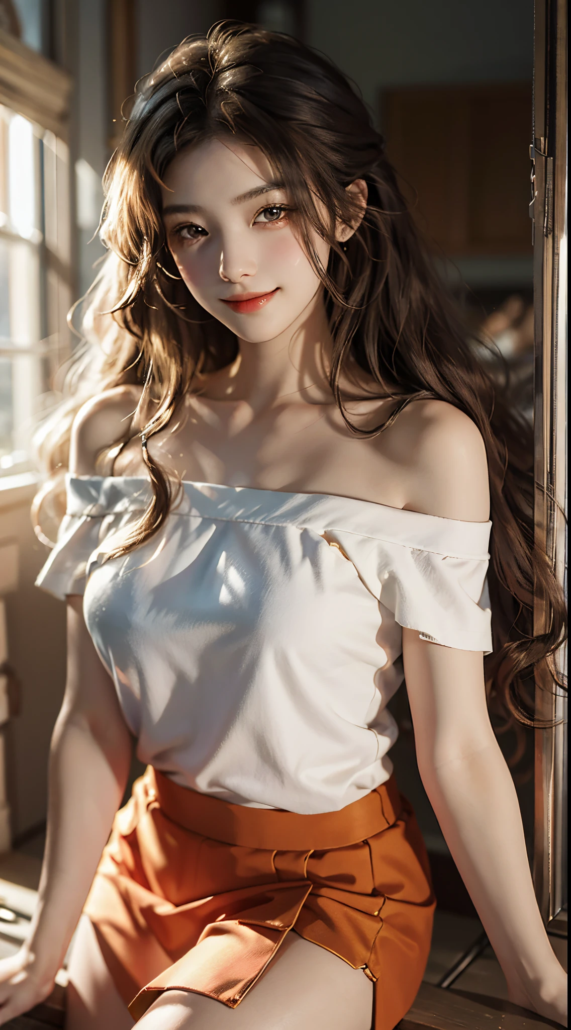 best qualtiy，tmasterpiece，超高分辨率，（fidelity：1.4），RAW photogr，20-year-old sexy model, Long messy hair，Smiled shyly, curlies, golden hair, Campus style, off shoulder one shoulder shirt, short  skirt, On the football field, posing elegantly, posed for photo, Random shooting angle, Surprising detail，The is very detailed, Smooth skin, a warm color palette