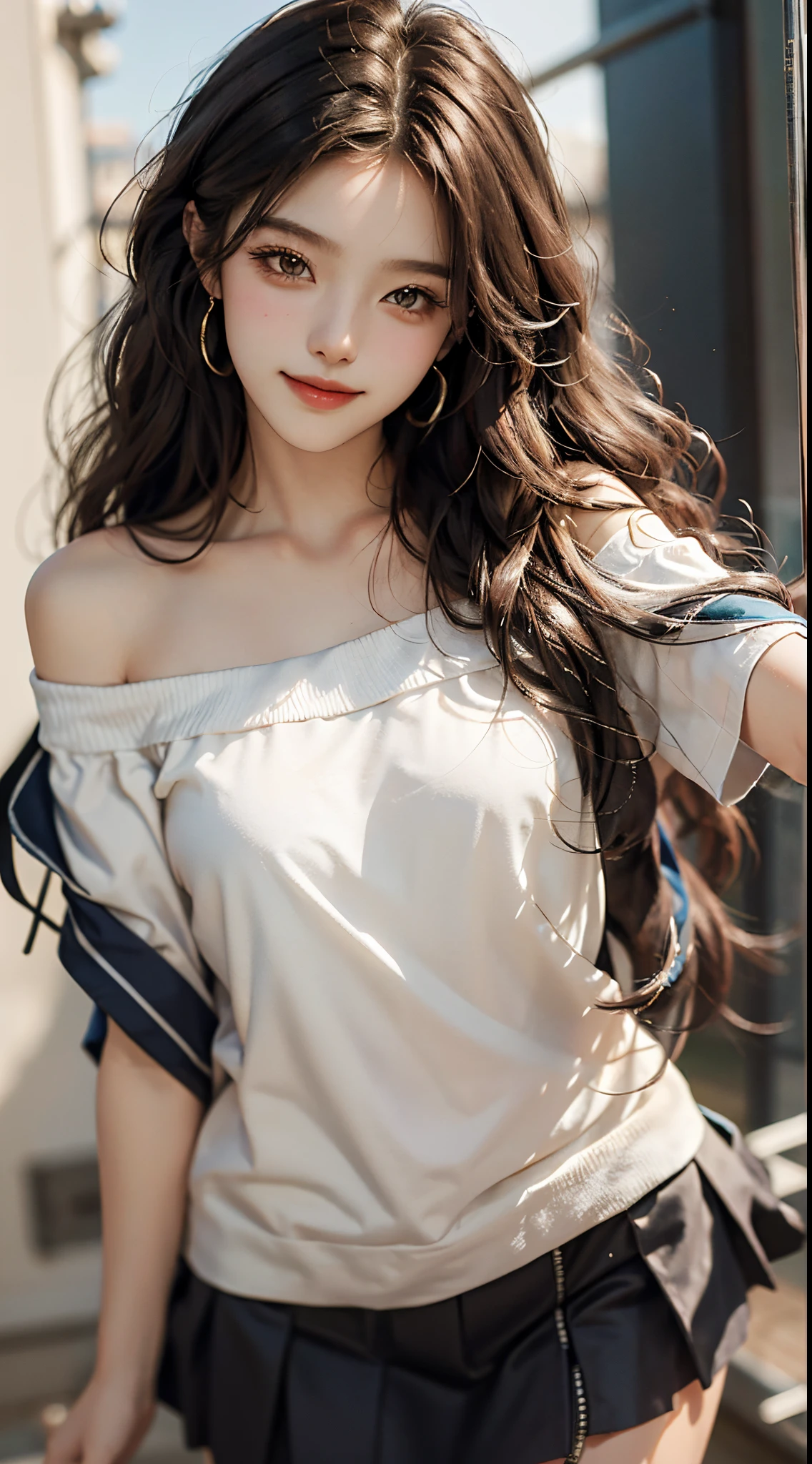 best qualtiy,tmasterpiece,超高分辨率,(fidelity:1.4),RAW photogr,20-year-old sexy model, Long messy hair,Smiled shyly, curlies, golden hair, Campus style, off shoulder one shoulder shirt, short skirt, On the football field, posing elegantly, posed for photo, Random shooting angle, Surprising detail,The is very detailed, Smooth skin, a warm color palette