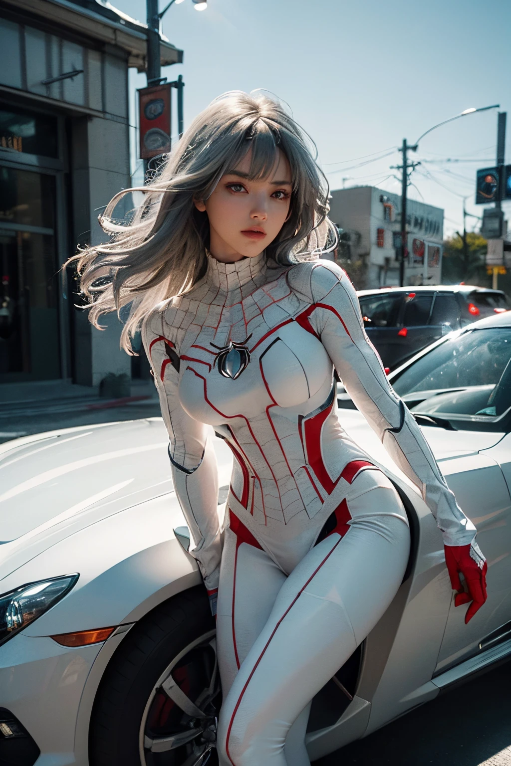 (Extreme Detail CG Unity 8K wallpaper, masterpiece, highest quality), (Exquisite lighting and shadow, highly dramatic picture, Cinematic lens effect), a girl in a white Spider-Man costume, silver gray hair color, from the Spider-Man parallel universe, Wenger, Marvel, Spider-Man, sitting on the car, dynamic pose), (excellent detail, excellent lighting, wide angle), (excellent rendering, enough to stand out in its class), focus on white Spider-Man costumes, complex spider textures