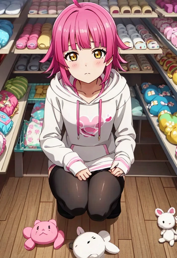 1girl, solo, tennouji rina, short hair, pink hair, ahoge, long hoodie, o, thighhighs, blush, looking at viewer, expressionless, small breasts, perfect face,top-quality, ultra-quality,from above, solo, 1girl squatting on the ground of a store with lots of stuffed animals on the shelves, depth of field,full head,pinky t shirt,cute,