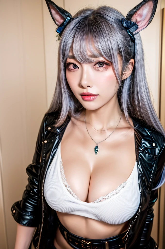 Canon RF85mm f/1.2, masterpiece, best quality, ultra highres, vc, 1girl, solo, black jacket, white shirt, see-through, big breasts, cleavage, (Mejiro McQueen \(umamusume\):1.2), horse ears, horse tail, silver hair, (korean mixed,kpop idol:1.2), white_shiny_skin, black eyes, necklace, eyelashes, parted bangs, aface, make-up, shiny, Pore, skin texture,