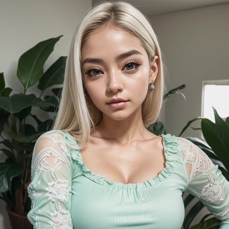 mulher bonita com vestido branco decotado, seios grandes, rustic setting, her hair is white, taken in the early 2020s,  coreana, Shin Ryu-jin. ((realistic lighting, melhor qualidade, 8k, master part: 1.3)), Clear focus: 1.2, 1girl, figura perfeita: 1.4, abdominais finos: 1.1, ((Cabelos loiro claro)), (vestido branco : 1.4), (Casa, day at night: 1.1), Casa, rosto muito bonito, double eyelids, Selfie, Ryujin do itzy, garota coreana, improved and perfected facial features.