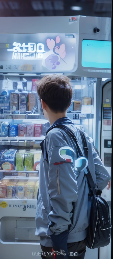 Boy standing Infront of vending machine