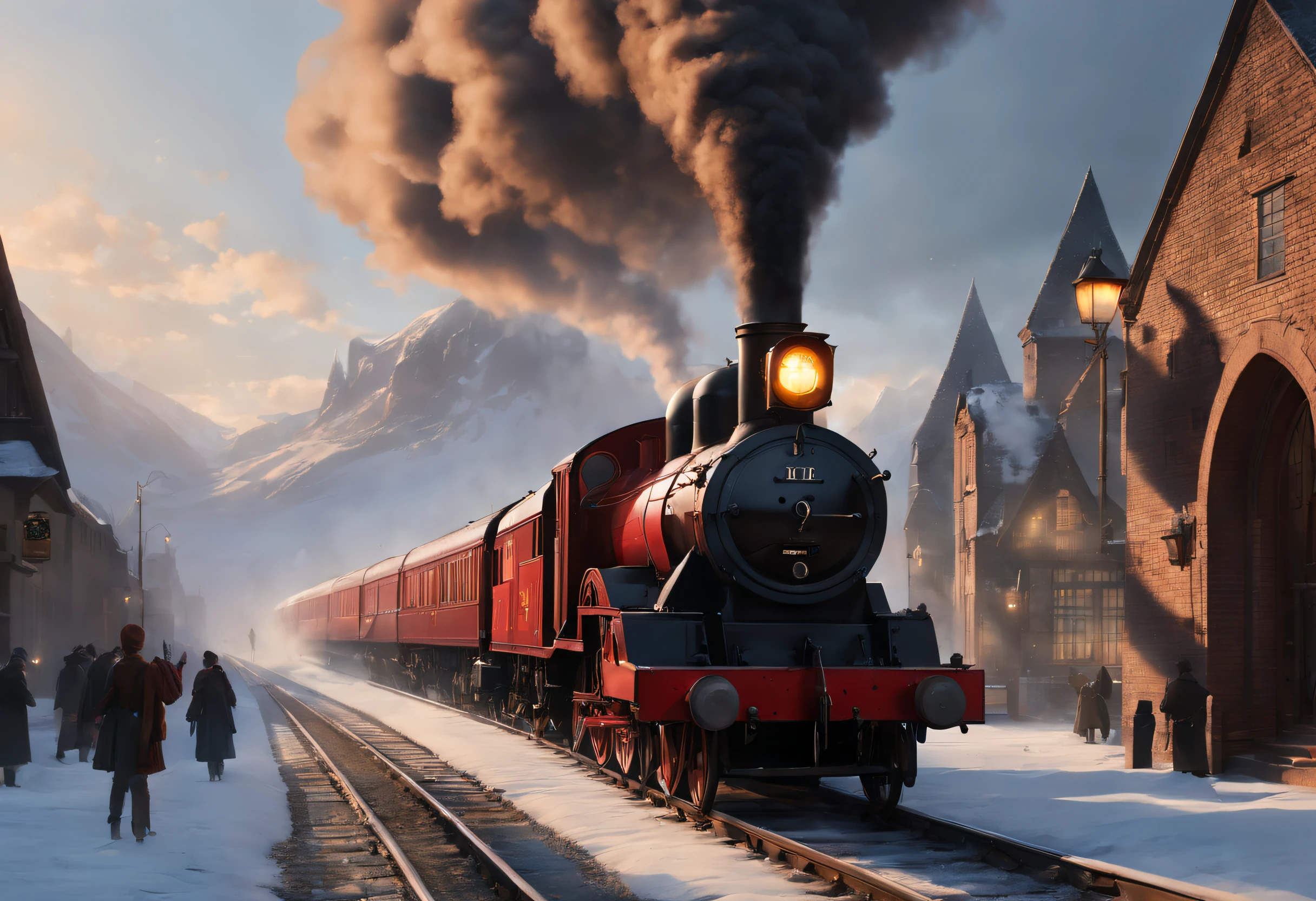 ultra-realistic realism, romanticism lain, scientism，mistic，Thriller，ray traycing, Atmospheric perspective, in a panoramic view, wide angles, Sony FE masterpiece,, high detal, high high quality, Award-Awarded, Best quality, A high resolution, 8K
（ The wheels of the Hogwarts Express gleam），It consists of a group of scarlet steam locomotives，Each carriage is made of dark oak，Carved windows，Brass door catch，（There are gilded words on the roof.，spell out &cite;Hogwarts Express&cite;），There is an iron corridor connecting the carriages.，The corridor is covered with the brightest red carpet，Steam locomotive smoke fills the cold morning，It gives a hazy feeling、mystical feeling， when the train comes into the station，Its whistle can cheer people up，Trains have also been described as having a soul of their own，It wakes up sleeping passengers at a specific time，Lead them to their destiny，movie inspiration《Harry Potter》，
Background with：A mysterious and dangerous magical world covered in ice and snow