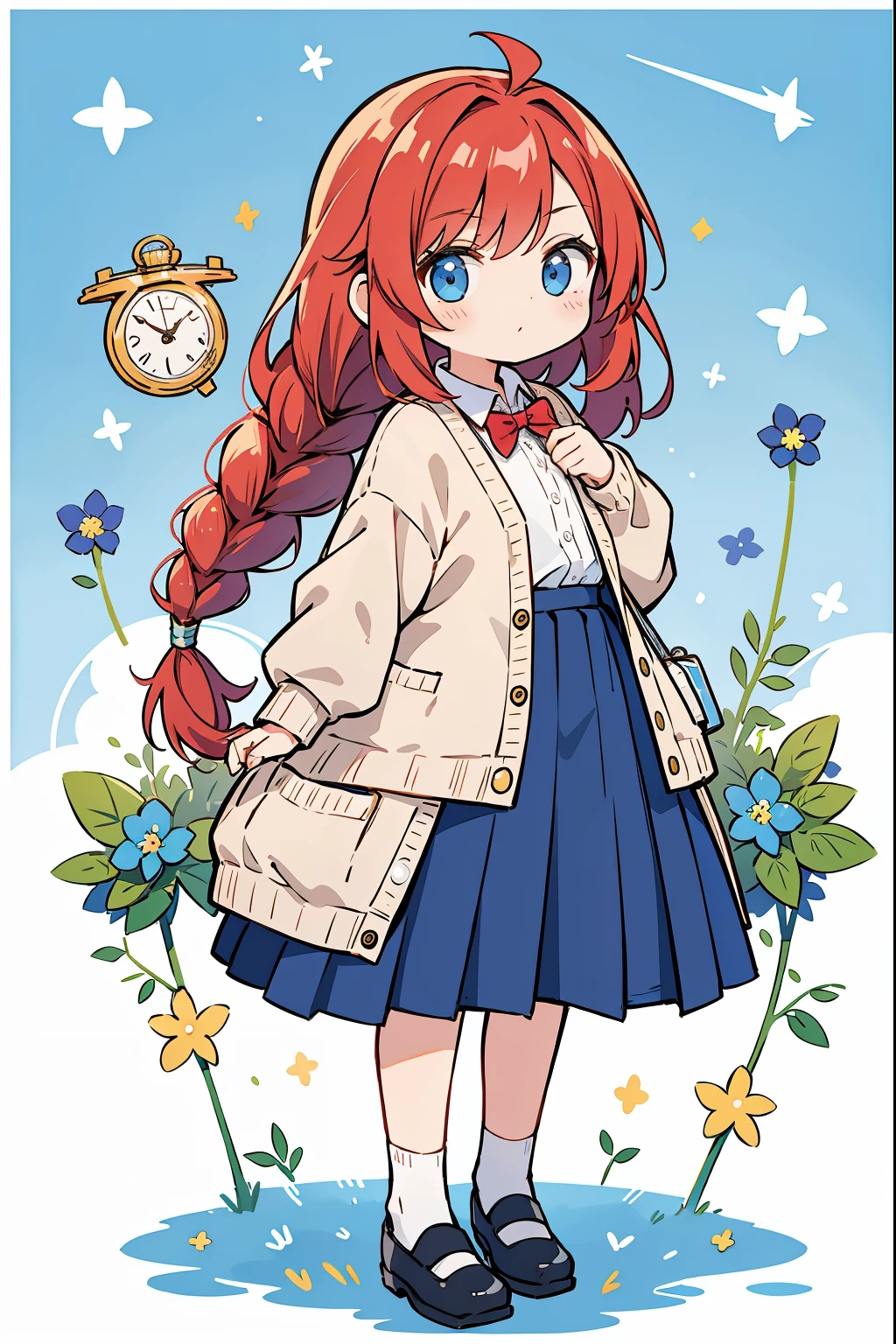one girls、Cute little、Very cute、cardigan、Clock background、pocket watch、Have a pocket watch、redhead hair、braids、straight face、tmasterpiece、Outstanding picture quality、topquality、white  shirt、pleated skirt、Tape on the back、Cute shoes、Steppe floor、Looking Ahead、BLUE SKY BACKGROUND、A very subtle illustration、Beautiful Image、8K、Beautiful backgrounds、Subtly written illustrations、Excellent image quality、