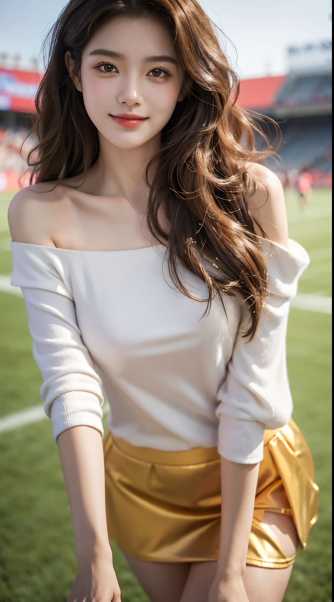 best qualtiy,tmasterpiece,超高分辨率,(fidelity:1.4),RAW photogr,20-year-old sexy model, Cute young girl, Long messy hair,Smiled shyly, curlies, golden hair, Campus style, off shoulder one shoulder shirt, short skirt, On the football field, posing elegantly, posed for photo, Random shooting angle, Surprising detail,The is very detailed, Smooth skin, a warm color palette