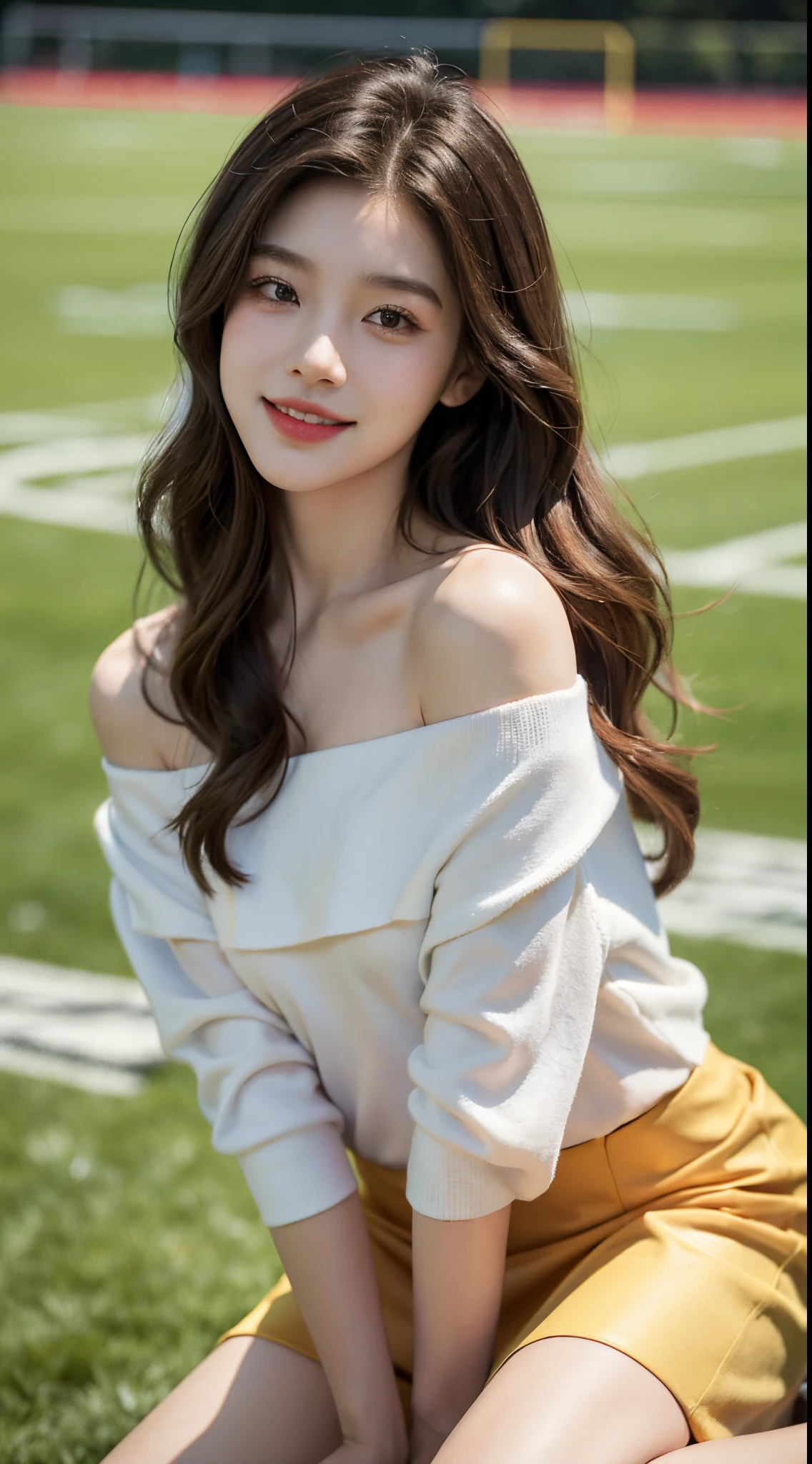 best qualtiy,tmasterpiece,超高分辨率,(fidelity:1.4),RAW photogr,20-year-old sexy model, Cute young girl, Long messy hair,Smiled shyly, curlies, golden hair, Campus style, off shoulder one shoulder shirt, short skirt, On the football field, posing elegantly, posed for photo, Random shooting angle, Surprising detail,The is very detailed, Smooth skin, a warm color palette