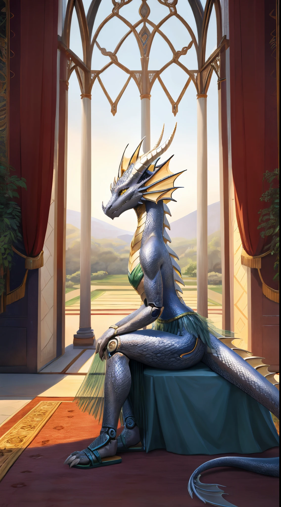 Female dragon，Robot dragon，Silver Dragon，wearing a grass skirt，sandals，Feet are claws，palaces，Exquisite golden eyes，head fins，on a gorgeous carpet，sitting beside the window，Lifelike scales，detail ratio，Slim，The scales do have texture，realistically，tmasterpiece，8K，ultra HD wallpaper