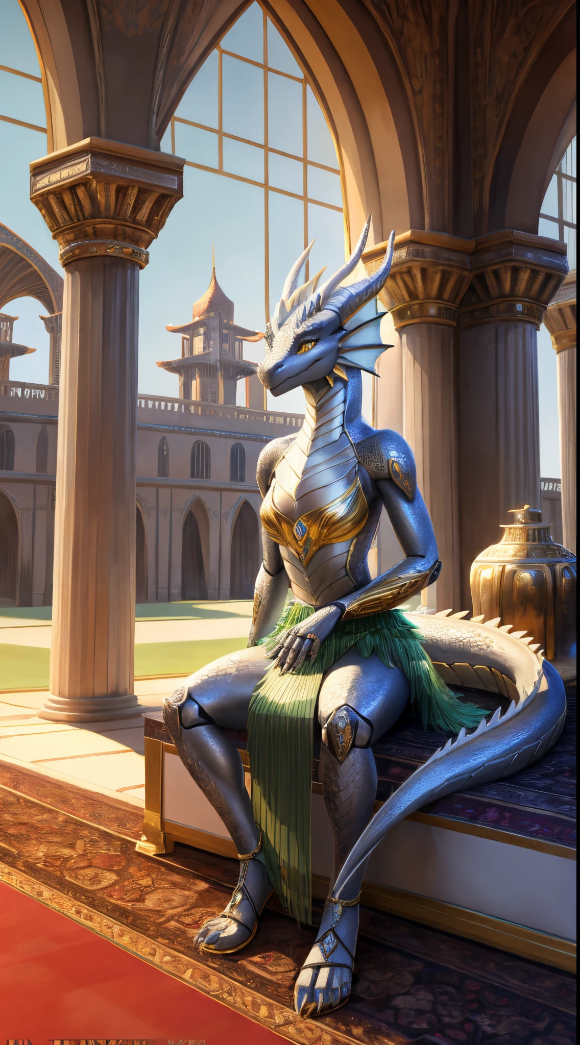 Female dragon，Robot dragon，Silver Dragon，wearing a grass skirt，sandals，Feet are claws，palaces，Exquisite golden eyes，head fins，on a gorgeous carpet，sitting beside the window，Lifelike scales，detail ratio，Slim，The scales do have texture，realistically，tmasterpiece，8K，ultra HD wallpaper