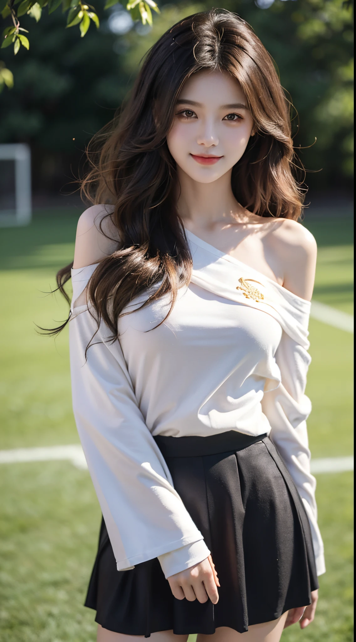 best qualtiy,tmasterpiece,超高分辨率,(fidelity:1.4),RAW photogr,20-year-old sexy model, Cute young girl, Long messy hair,Smiled shyly, curlies, golden hair, Campus style, off shoulder one shoulder shirt, short skirt, On the football field, posing elegantly, posed for photo, Random shooting angle, Surprising detail,The is very detailed, Smooth skin, a warm color palette