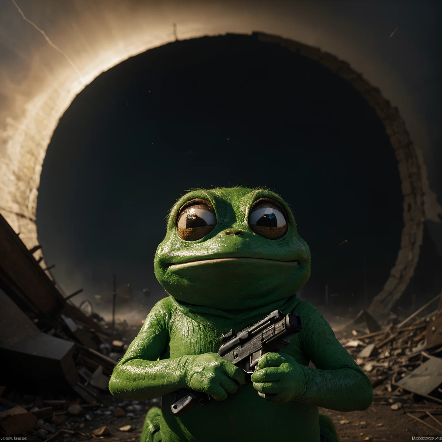 Pepe the frog with a rifle in his hand at the end of time Apocalypse