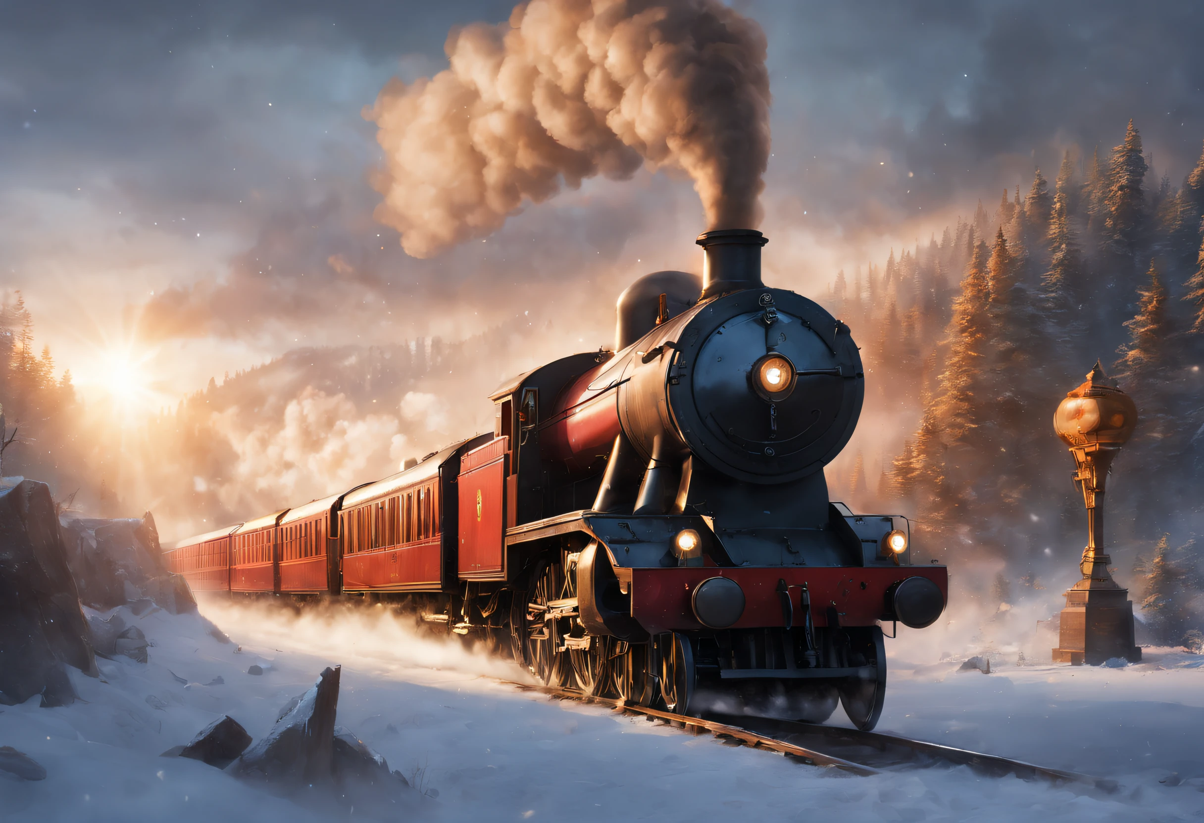 ultra-realistic realism, romanticism lain, scientism，mistic，Thriller，Ray traching, atmosphric perspective, in a panoramic view, wide angles, Sony FE masterpiece,, high detal, high high quality, Award-Awarded, Best quality at best, A high resolution, 8K ，
（ Hogwarts Express），（Wheels and rails spark fires：0.8），It consists of a group of scarlet steam locomotives，Each carriage is made of dark oak，Carved windows，Brass door catch，（There are gilded words on the roof.，spell out &cite;Hogwarts Express&cite;），There is an iron corridor connecting the carriages.，The corridor is covered with the brightest red carpet，Steam locomotive smoke fills the cold morning，It gives a hazy feeling、mystical feeling， when the train comes into the station，Its whistle can cheer people up，Trains have also been described as having a soul of their own，It wakes up sleeping passengers at a specific time，Lead them to their destiny，movie inspiration《Harry Potter》，
 Background with：A dark and mysterious magical world covered in ice and snow