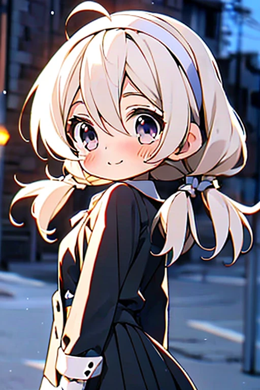 girl, ((loli)), kawaii, medium hair, twintails, ((white hairband)), light blush, black eyes, (small breasts), shy, blonde hair, (school uniform), looking back, light smile,