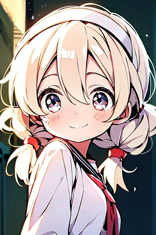 girl, ((li)), kawaii, medium hair, twintails, ((white hairband)), light blush, black eyes, (small breasts), shy, blonde hair, (school uniform), looking back, light smile,