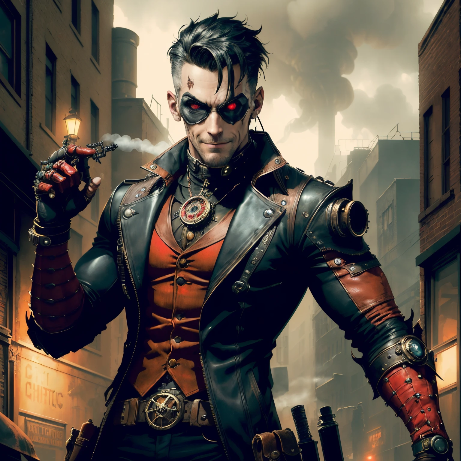 deadpool steampunk,cyberpunk,mechanical arm,detailed face expression,red black costume,vintage goggles,clockwork mechanism,smoke and steam,metallic gear,antique machinery,retro-futuristic style,contrasting colors,bionic eye,leather outfit,exaggerated weapons,industrial backdrop,grimy atmosphere,mechanical enhancements,explosions,dirty city streets,imposing presence,action-packed scene,chaotic and gritty aesthetic,retro technology,villains lurking in the shadows,mysterious aura,sharp and precise movements,mischievous grin,steampunk weaponry,clockwork accessories,vivid and dynamic poses,gritty anti-hero,destructive power,heroic and rebellious nature,vibrant and rich textures,dystopian setting,menacing presence,suspense and adventure,highly-detailed,high-contrast lighting,steampunk art style,vintage-inspired color palette,contrasting shades of red and black,smoky and misty atmosphere