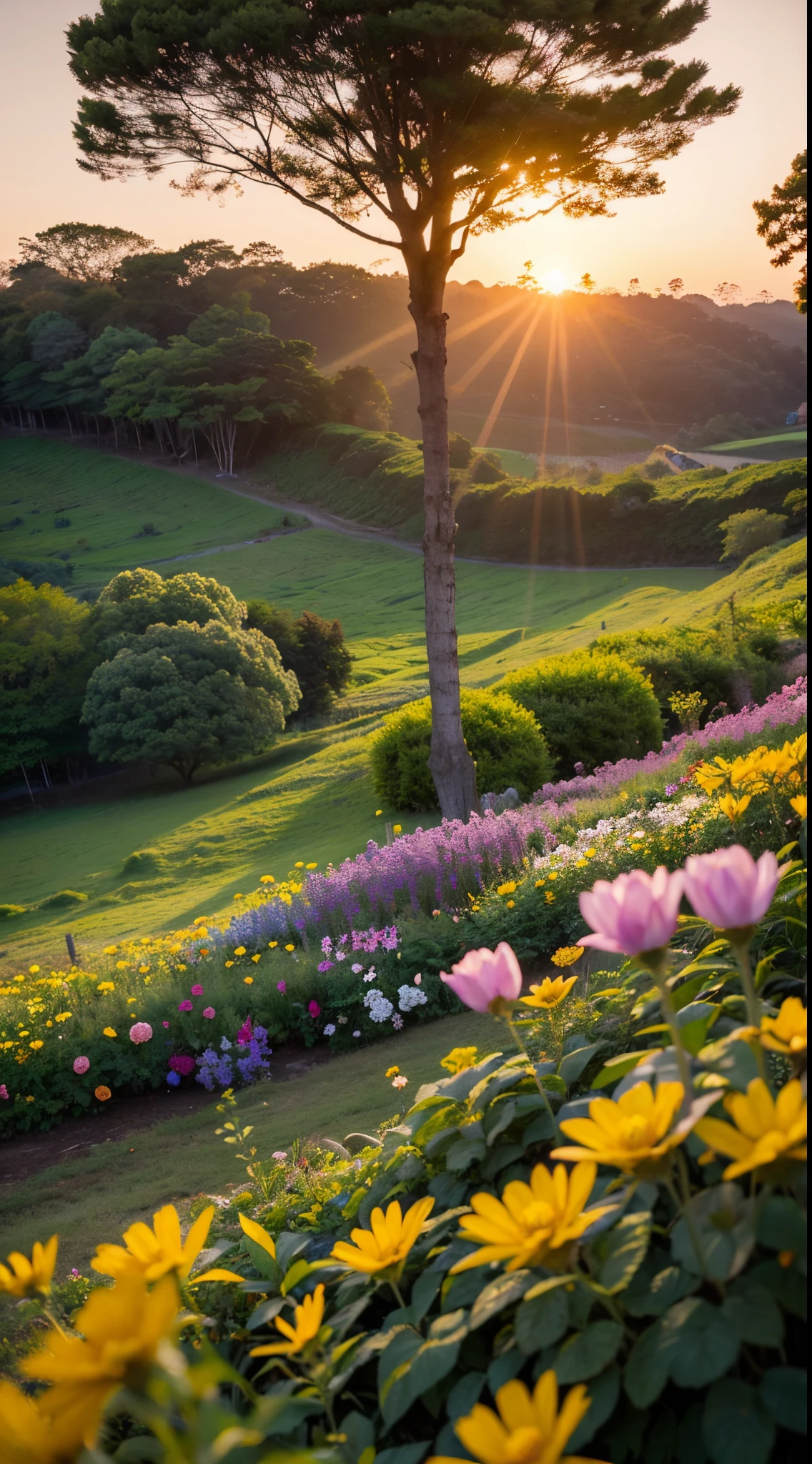 Crie uma imagem hiper-realista de um campo de flores silvestres com um lindo nascer do sol ao fundo. As flores, em tons vibrante de amarelo, rosa e azul, gently sway in the morning breeze. O nascer do sol no horizonte banha a cena com uma luz dourada."