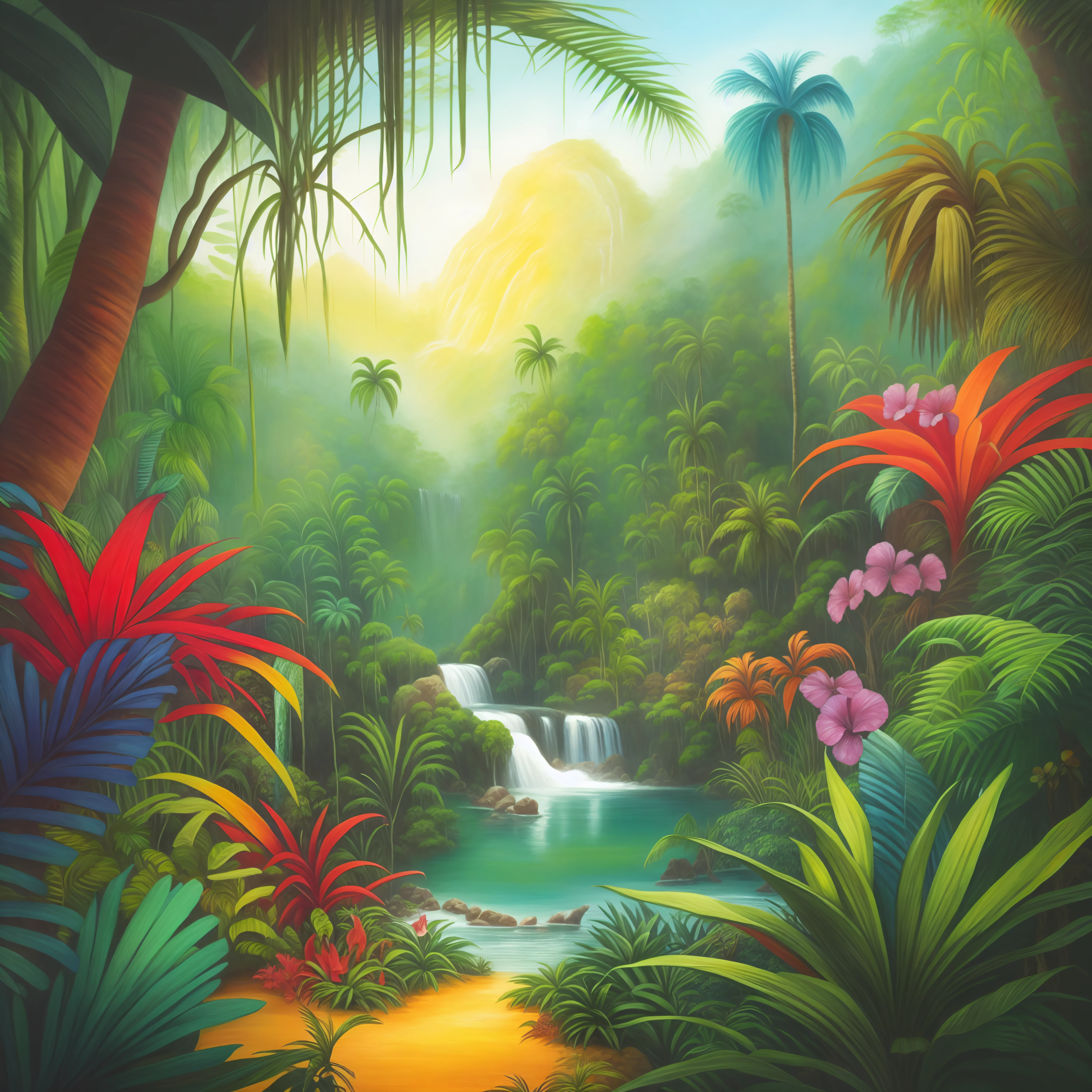 a painting of a tropical jungle with a waterfall and trees, beautiful jungle, mysterious jungle painting, fantasy jungle, colourful jungle, tropical jungle, lush jungle, jungle landscape, jungle scene, lush oasis, jungle setting, beautiful jungle landscape, jungle nature, lush rainforest, magical jungle, tropical forest, . background: jungle river, dense jungle, the background is lush jungle