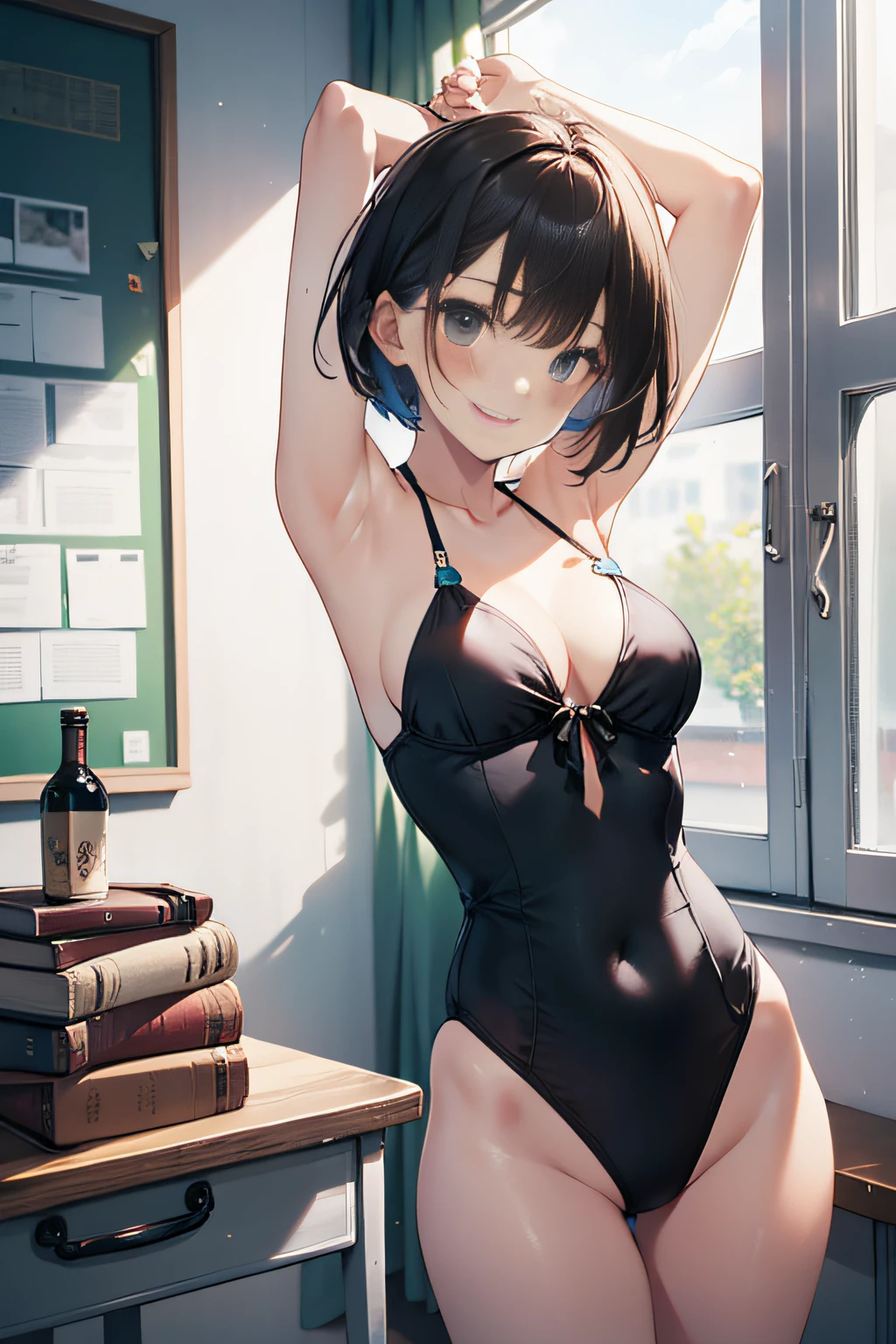 top-quality、Full limbs、complete fingers、Slender beauty、short-hair、bobhair、smile、monokini, school uniform