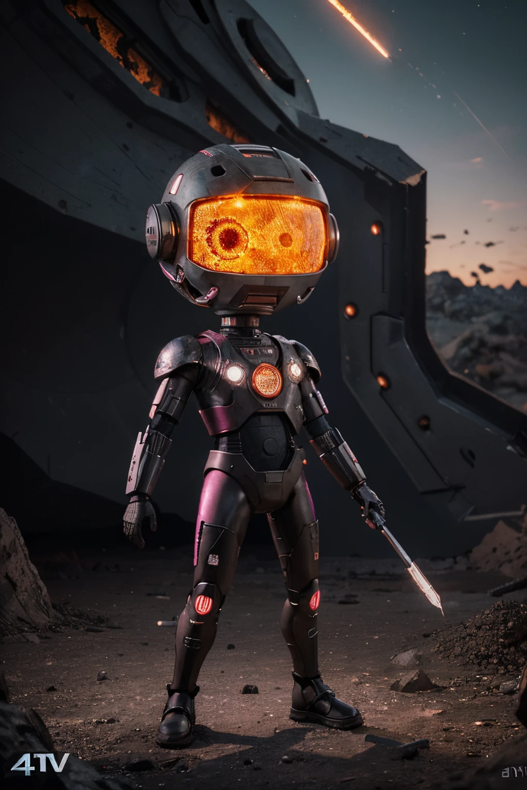 A Modern flat toon Crazy whit a Big ONE a Only Eye Robot and helmet Style, tongs in hands, Tv head, pinhead, camouflage PINK Rusty, Ambient in a meteorite crater super detailed, center, beautiful, soft lighting, focused on the character, 4K resolution, photorealistic rendering,