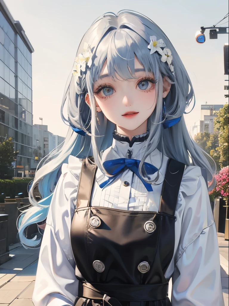 Silver hair with blue gradient at tips、a beauty girl、girl with、white clothes、waist-up、Curly hair、Curled tip hair、Vertical hair roll、Beautiful girl with fair skin、sixteen years old、happily face、Have flowers、high-level image quality、Flower Garden、garden with flowers、Warm Yang、Smiling woman in flower garden、Town Girl、mole under lips、Mole、pinafore、GenshinImpact