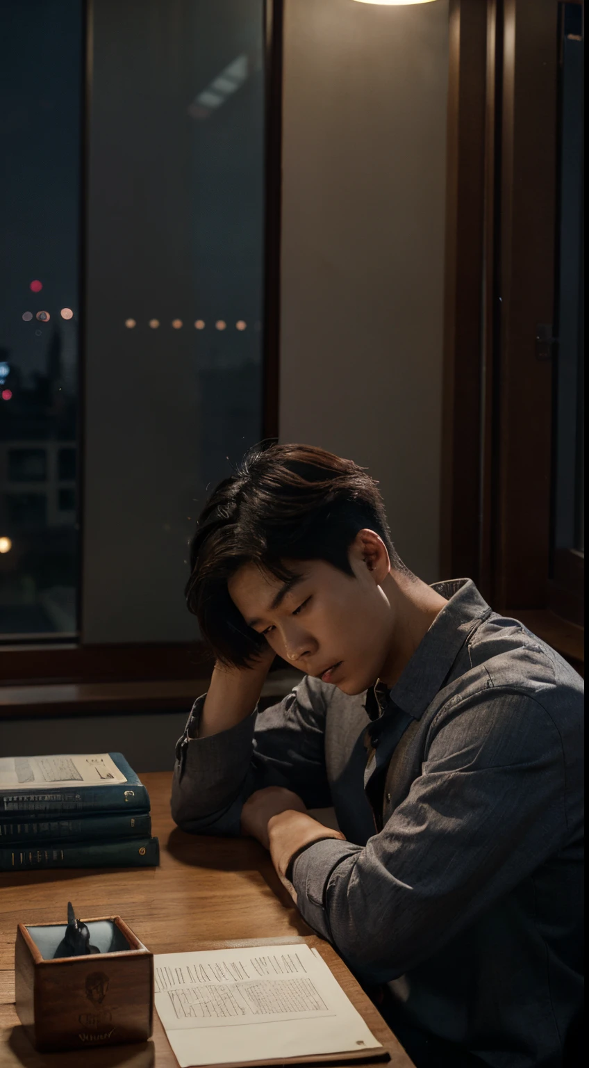 Handsome korean boy studying , stressing out. He is pulling his hair, funny. Its late at night and hes on his desk looking at the books and stressing out. Bunch of books. The moonlight is coming from the window.