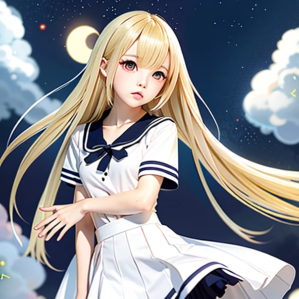 Anime illustration of a blonde girl、full bodyesbian、cute little、a sailor suit、1人、Ephemeral、Sad face、illustratio、Anime style、Beautie、hi-school girl