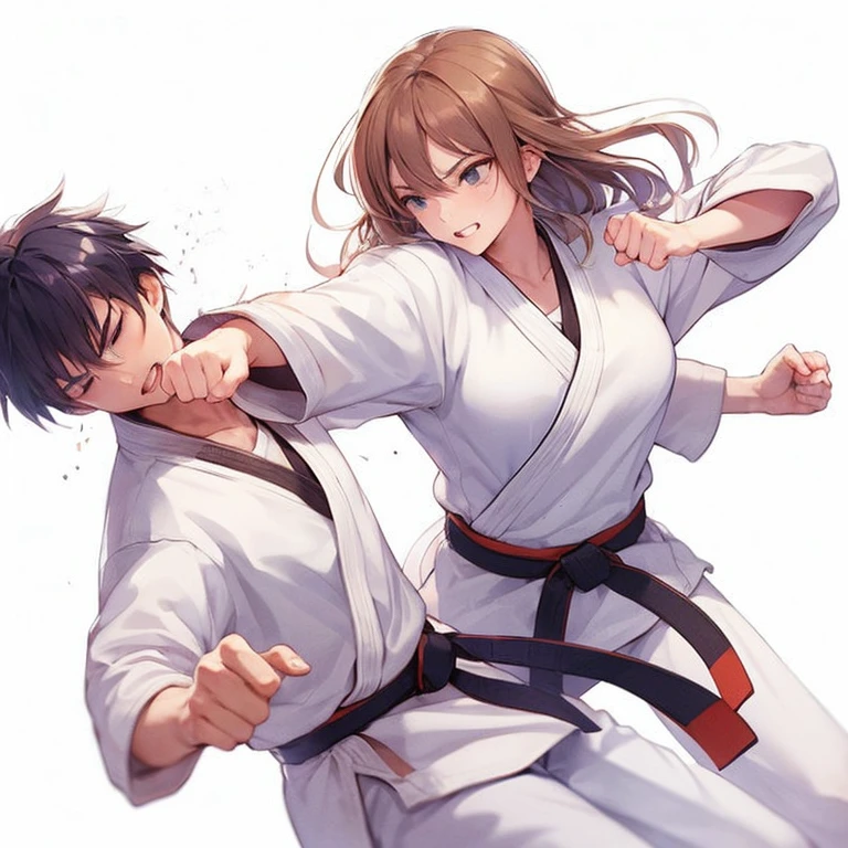 (4k, hd, masterpiece), {girl, long blonde hair}fighting with a man, punch, barefoot, taekwondo uniform, intense battle