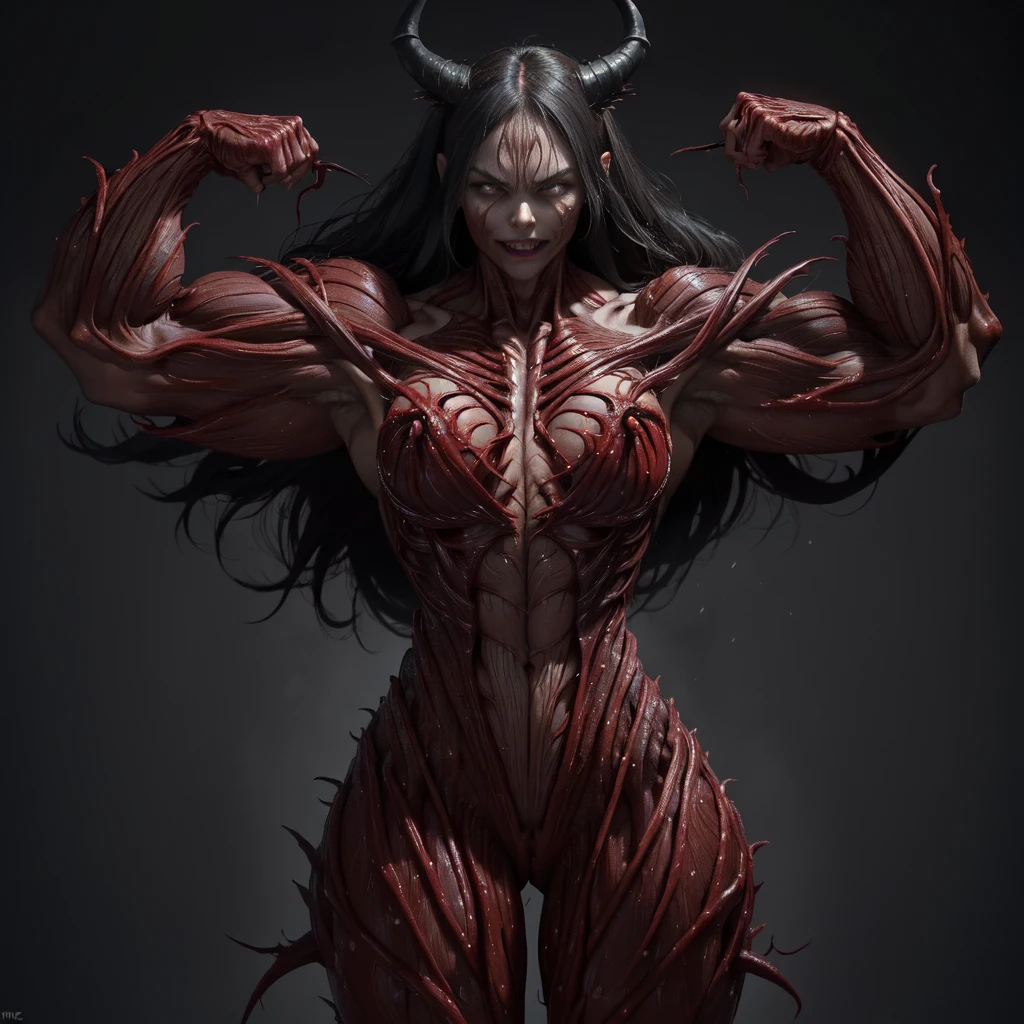 (1 girl), (spread legs:1.25), (demoness with beautiful face:1.25),(1 super muscular succubus with flayed skin:1.5), (carnage physique:1.5), (covered in thick muscle suit:1.5), (exposed perfect anatomy:1.5), (carnage muscle anatomy:1.5), high detail, best quality, masterpiece, finely detail, realistic skin texture, 85 mm art lens, f 1.2, sharp focus, 8 k high definition, insanely detailed, intricate,