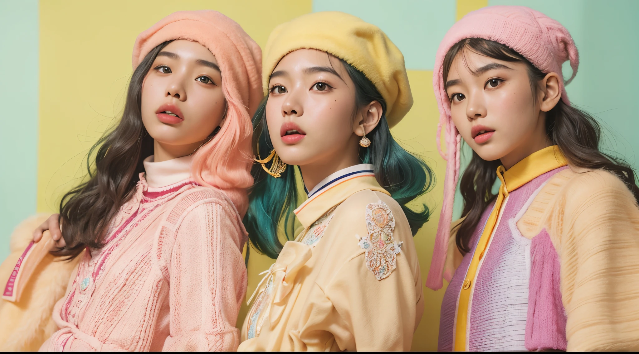 Vogue style photo shoot group of malay age girl as a korean girl singing group with pastel colored background in Wes Anderson style, hyper - realistic photography, Wes Anderson style, full body, 8k, close - up shot, extreme close - up photo