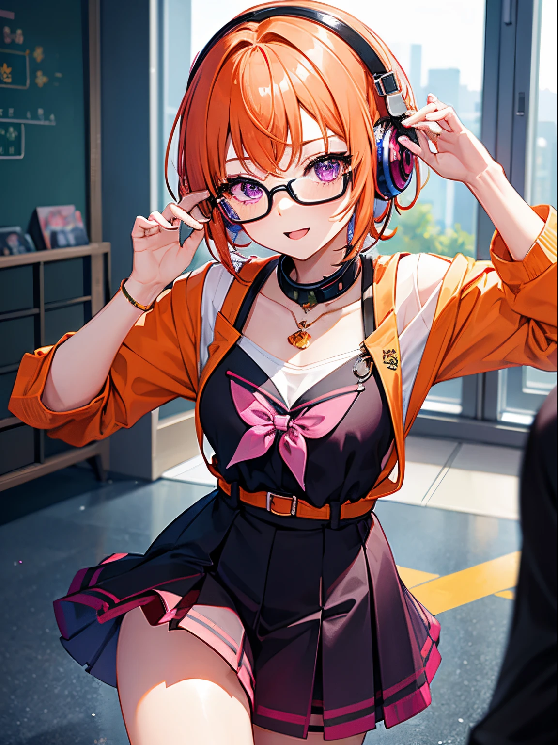Glitter Idol、high-level image quality、Reddish-purple eyes、 Short hairstyle、Straight short、Orange hair、Kawaii Girl、Wearing headphones around your neck、 Wearing glasses、Dynamic movement、school classrooms、Vibrant colors、Bust-up shot, Delicate drawing、