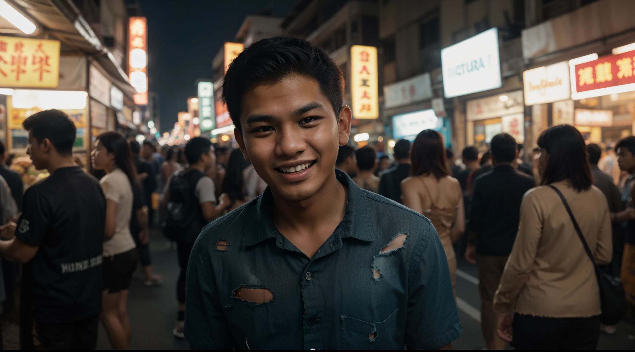 a malay teenage boy in worn and torn shirt standing and laughing while pointing to the camera in front of bustling night market, serious face, nighttime, 35mm lense, Top-Down Shot, Deep Focus cinematography effect, Natural Lighting, cool-toned color grading, high quality, ultra detail, 8k resolution,