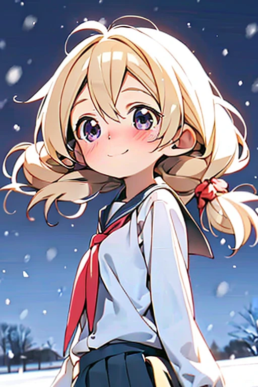 girl, ((****)), kawaii, medium hair, twintails, light blush, black eyes, (small breasts), blonde hair, (school uniform), light smile, (snow),