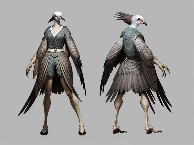 A bird pigeon body and head with legs of a woman, 8k, hyper-real, detailed