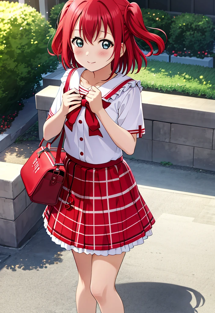 masterpiece, best quality,   bag, kurosawa ruby, red hair, short hair, two side up,red blush、Pastel hoodies with short sleeves，(gingham checked skirt)，A dark-haired，World of toys