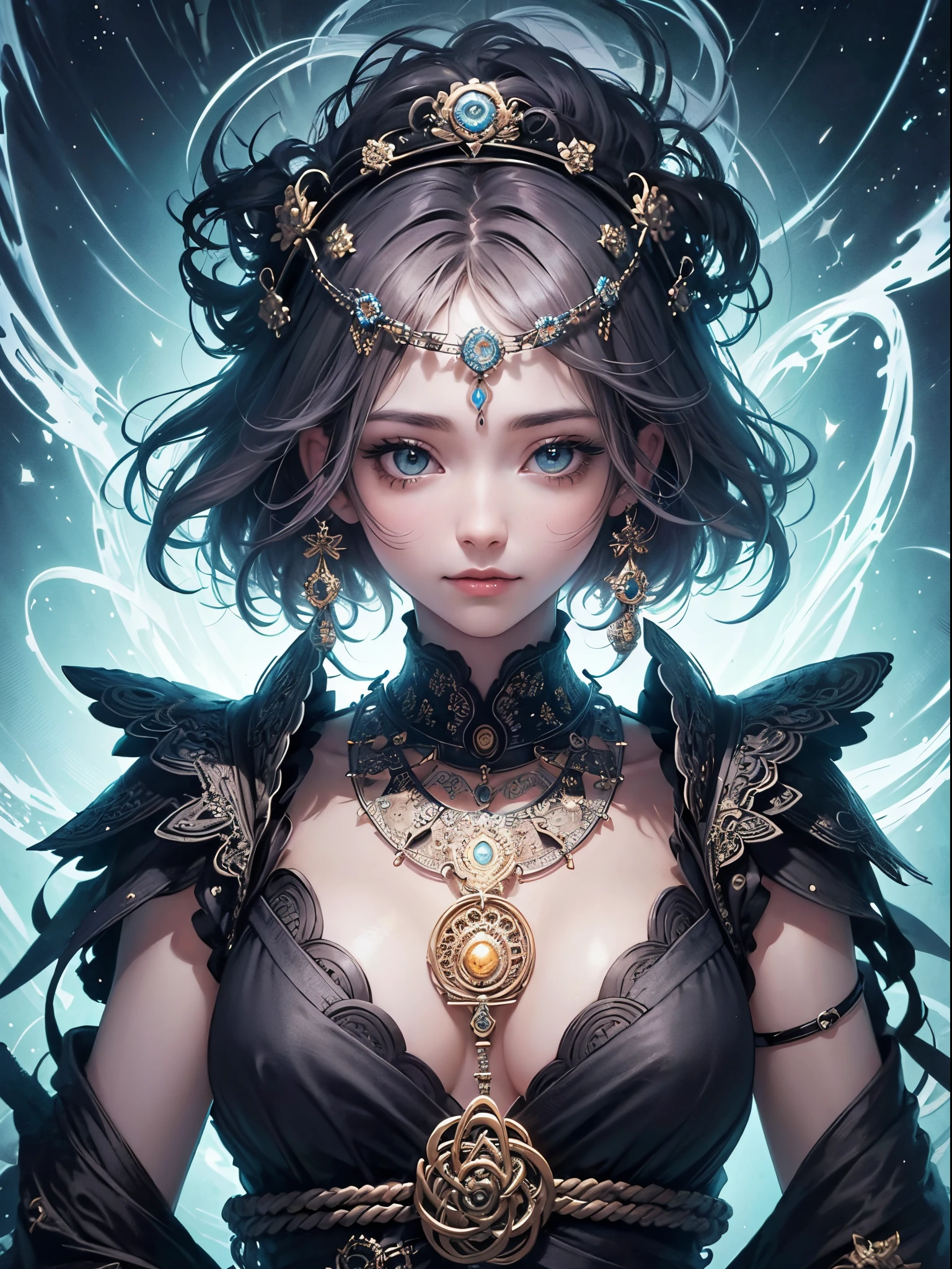 official art, unity 8k wallpaper, ultra detailed, beautiful and aesthetic, masterpiece, best quality, (zentangle, mandala, tangle, entangle), (fractal art:1.3) , 1girl, extremely detailed, medium close up, short hair, look to camera, ancient necklace, ancient cloth