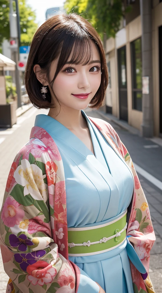 masutepiece, Best Quality, Illustration, Ultra-detailed, finely detail, hight resolution, 8K Wallpaper, Perfect dynamic composition, Beautiful detailed eyes, kimono,Medium Hair, mid-chest, Natural Color Lip, Random and sexy poses,Smile,Aoyama Street Walk