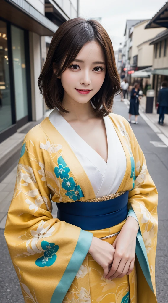 masutepiece, Best Quality, Illustration, Ultra-detailed, finely detail, hight resolution, 8K Wallpaper, Perfect dynamic composition, Beautiful detailed eyes, kimono,Medium Hair, mid-chest, Natural Color Lip, Random and sexy poses,Smile,Aoyama Street Walk