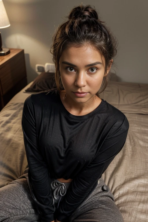 (masterpiece), (extremely intricate:1.3), (realistic), add_detail:1, Maddie is a pretty young girl, she is 18 years old, hair tied in ponytail, brown hair, she has a fit body, tanned skin, large toned thighs, night time, wearing an oversize black shirt, grey sweat pants, sitting on bed side, looking up at viewer, shocked expression, from above pov face portrait