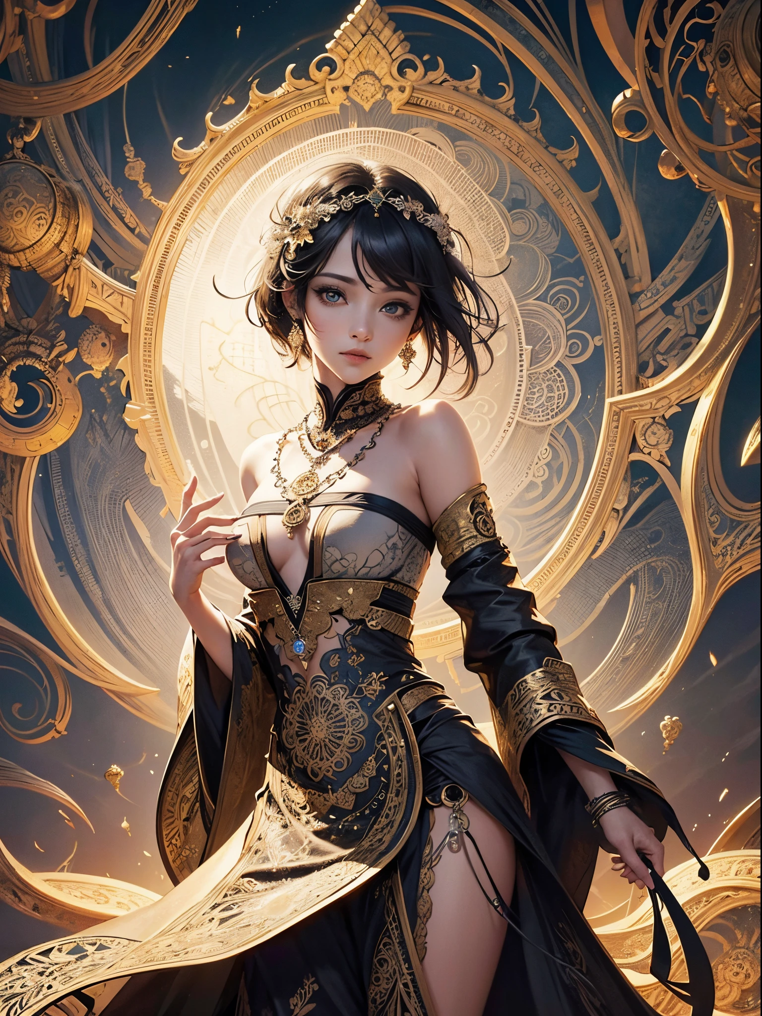 black panther motif、Vibrant colors、((masterpiece)))、(((top-quality)))、((ultra-detailliert))、(A hyper-realistic)、(highly detailed CGillustration)、Official art、Queen of Ethiopia、Decadent、Cool Beauty、refinement、Elegance、Gorgeous、Colorful and detailed mask design、matchless beauty、Sparkling jewelry、Female Solo、Perfect Angle、perfect-composition