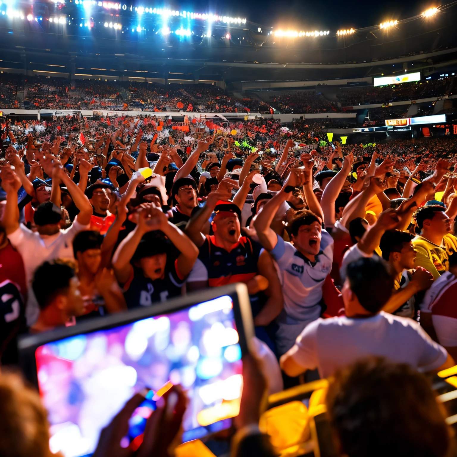 (best quality), (masterpiece), watching the rugby finals from the spectator seats in a large stadium, intense cheering from the audience, (high energy:1.3), (dynamic atmosphere:1.2), (action-packed scene:1.2), (vibrant colors:1.1), (dramatic lighting:1.1), (crowd:1.3), (excitement:1.2), (motion blur), (immersive experience), (wide-angle shot), (cinematic composition)