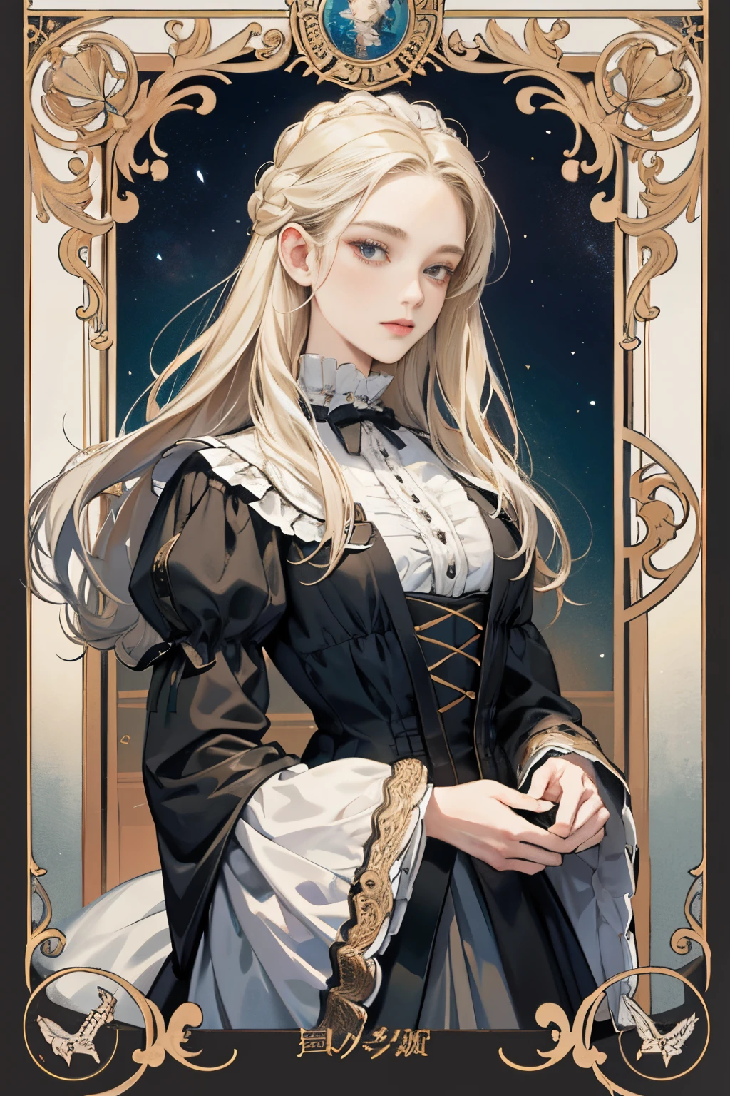 tmasterpiece:1.3), A high resolution, ultra - detailed, extremely detaild的 CG unified 8k wallpapers, poster for,on tarot cards,A woman is,16 yaers old,Dressed in Victorian clothing,pale-blonde hair,Long gray hair,Lateral face,staredown,mistic,(beautiful:2),ellegance,card border,upper part of body,(hight contrast:2)
