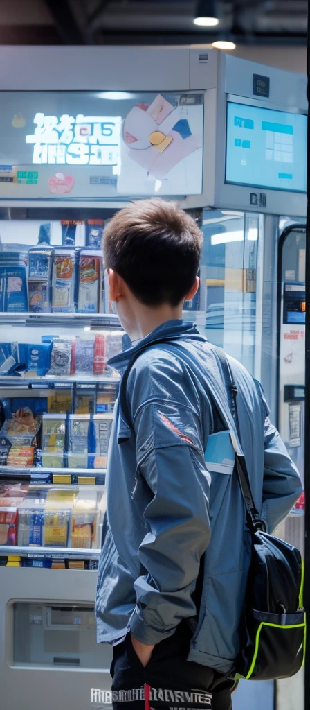 A boy standing in front of a vending machine