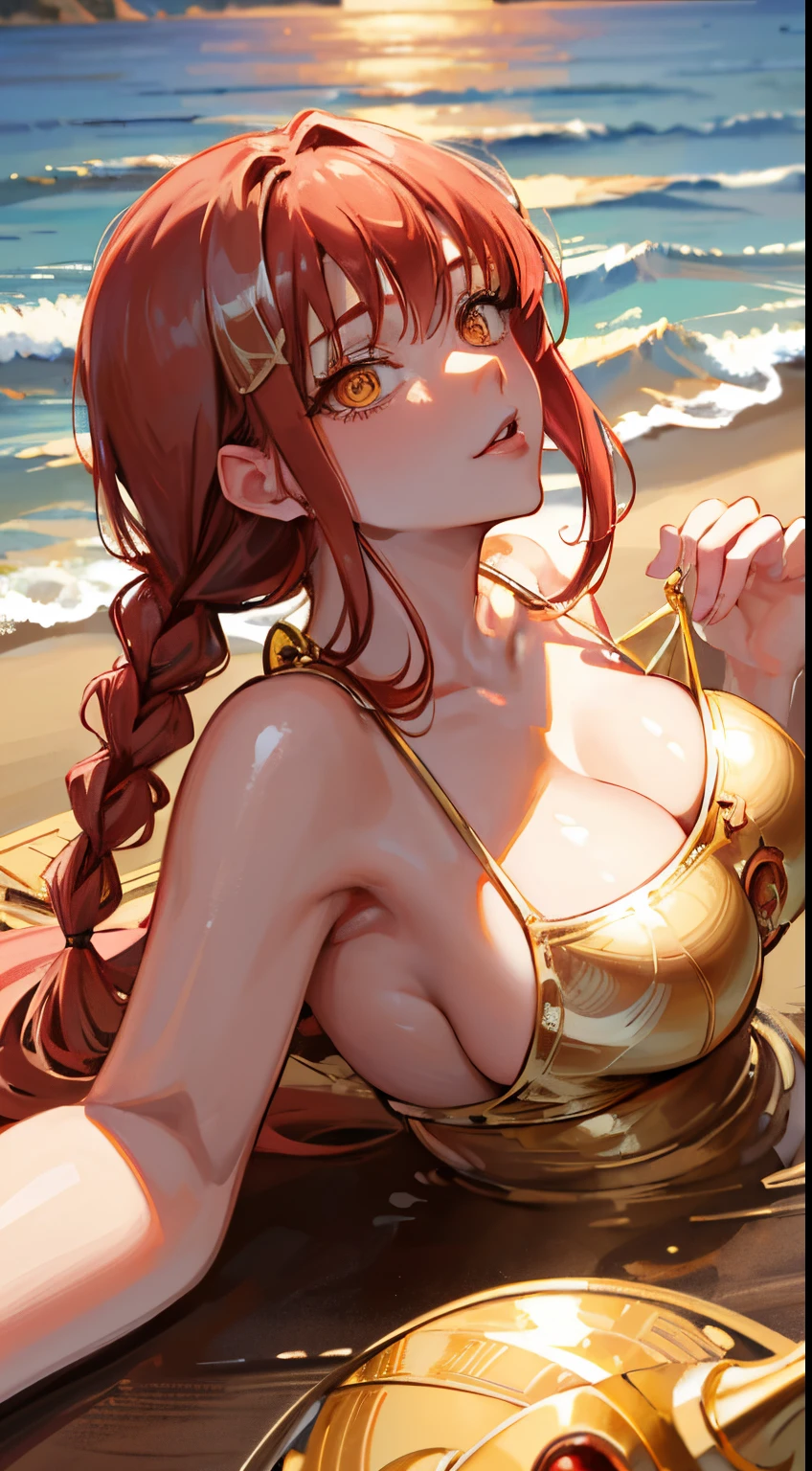 (masterpiece),(best quality:1.0), (ultra highres:1.0), detailed illustration, 8k, anime, makima chainsawman, 1girl, sexy anime girl, half body shot, sling bikini, lips, shiny skin, big breasts, busty figure, perfect curves, pretty face, detailed face, beautiful eyes, detailed eyes, (((gold eyes))), highlights in eyes, pretty lips, braid hair, (((red haircolor))), beautiful stylish hair, highlights in hair, on a beach, sunny day, best quality