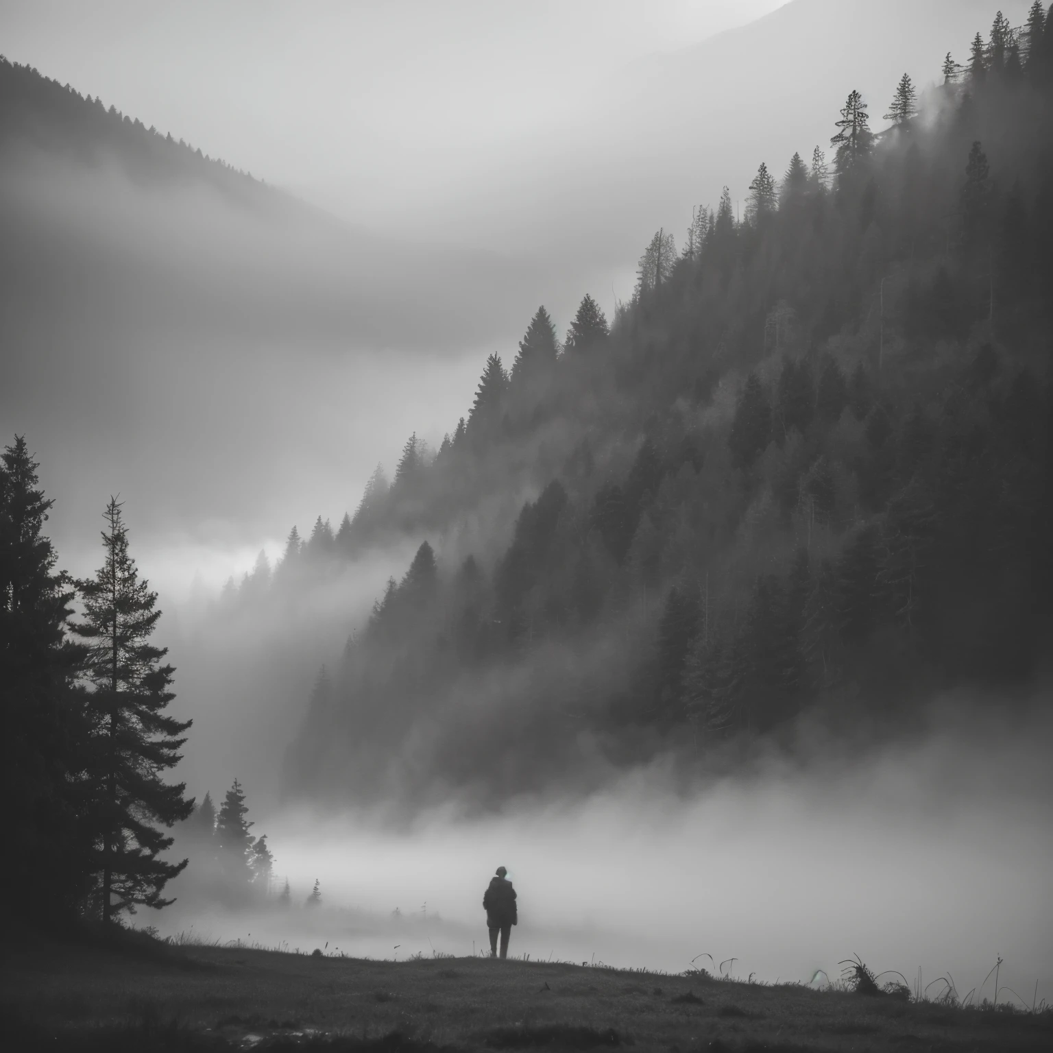 (best quality,4k,8k,highres,masterpiece:1.2),traditional,classical:1.1 oil painting,(blurry,misty) forest,lonely figure facing away from the distance,distant mountains,somber,soft focus,artistic,hazy,black and white