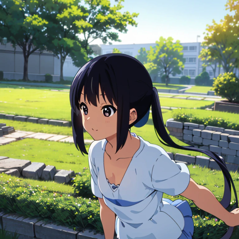(8K、Raw photography、top-quality、​masterpiece:1.2)、(Baby face、Round face:1.3)、(poneyTail:1.3)、nakano azusa, 1girl in, Sakuragaoka High School Uniform,student clothes,Underwear、cleavage of the breast、Small、all-fours、ultra-detailliert、超A high resolution、see the beholder、beautifull detailed face、A smile、Constriction、(Slim waist) :1.3)、Beautiful detailed skin、Skin Texture、floated hair、profetional lighting