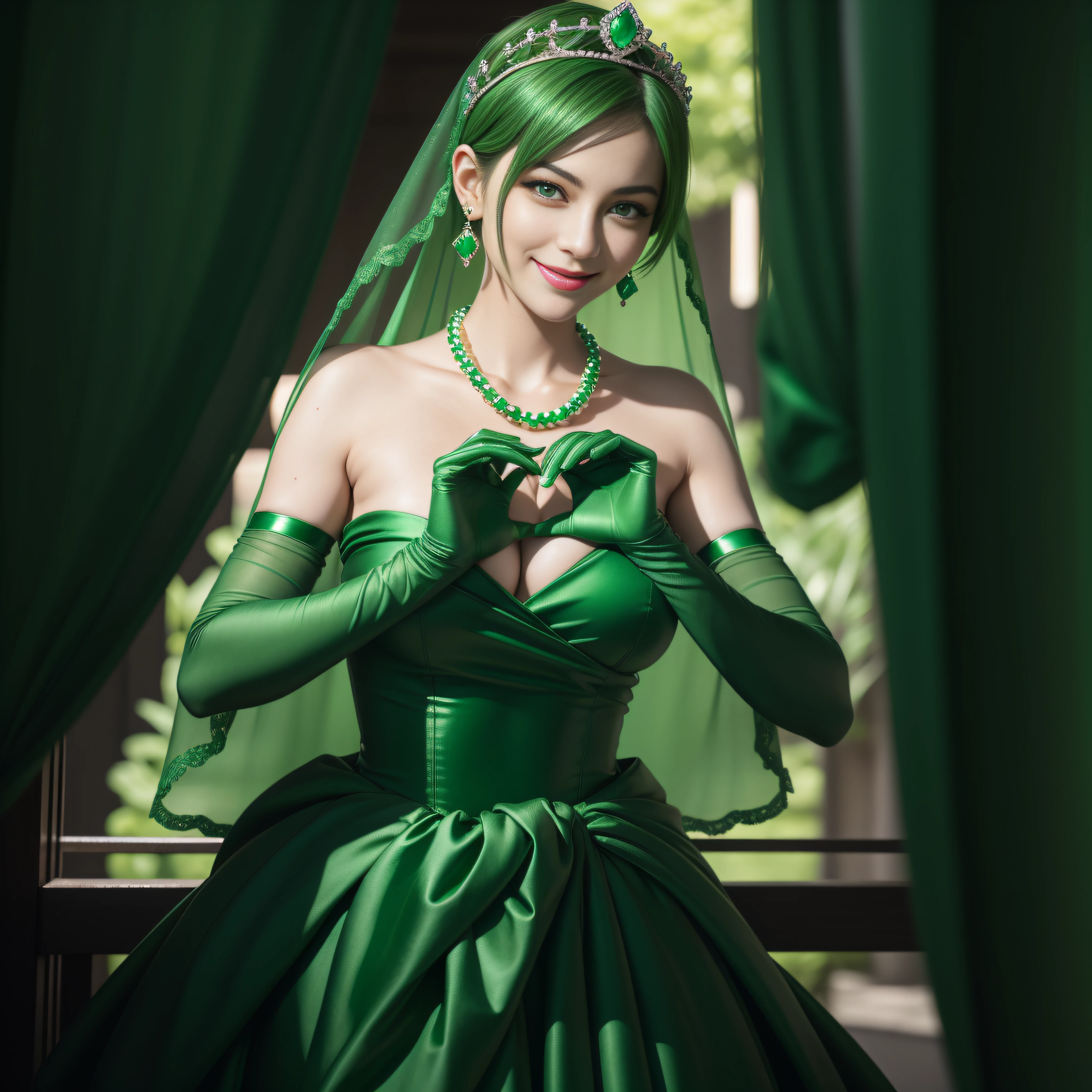 emerald tiara, Green Pearl Necklace, Boyish very short green hair, lipsticks, Japan woman smiling, very short short hair, big breasts beautiful, Green eyes, Long green gloves made of satin material, Green eyes, Emerald Earrings, green vale, Heart with both hands