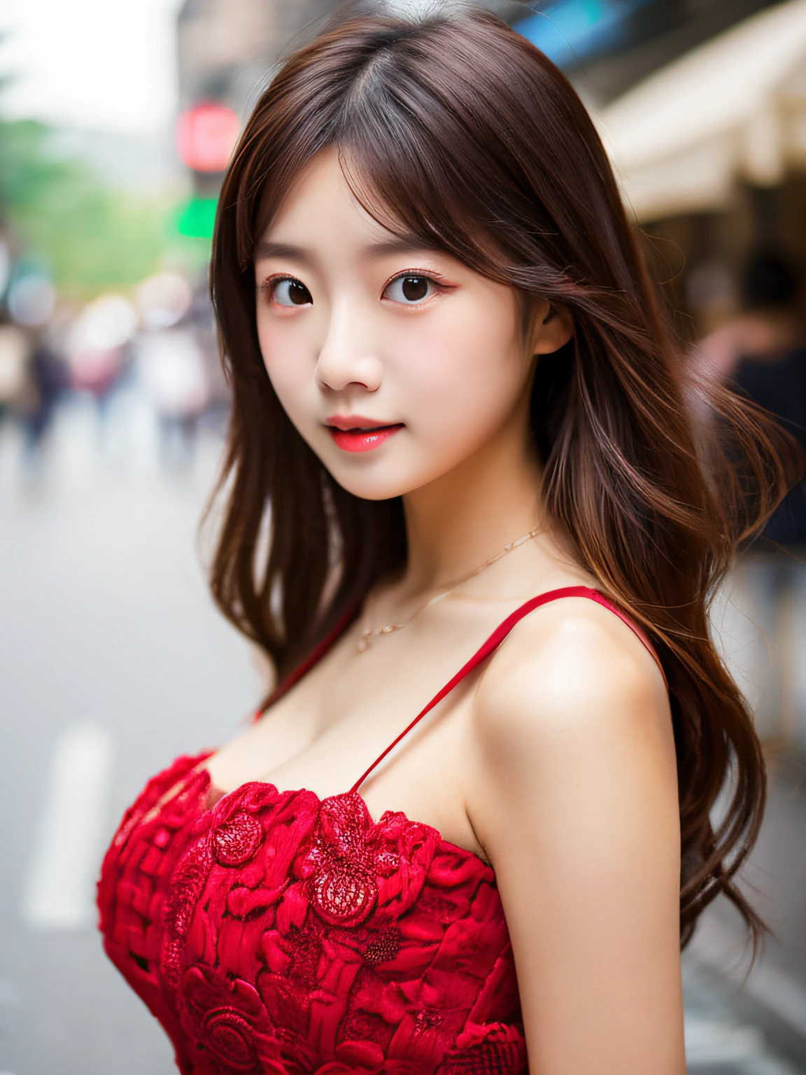 hight resolution，
One beautiful young woman，
（Soft Saturation：1.3）， （Fair skin：1.2），
Wear red clothes，
85mmレンズ，F/8.0，
background
Gare，
brown haired，
medium breasts⁩，

thunder

（China Street：1.3），
1girll，18year old，（Porcelain dress：1.5），Side Tie Peak，（Porcelain dress：1.5），
Double van and long double tail， brunette color hair